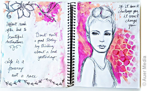 Art journal page with a pencil sketch portrait and quotes