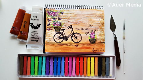 Art journal page Enjoy the ride with acrylics and chalk pastels
