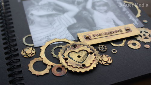 Steampunk time machine scrapbook layout with DIY cogs